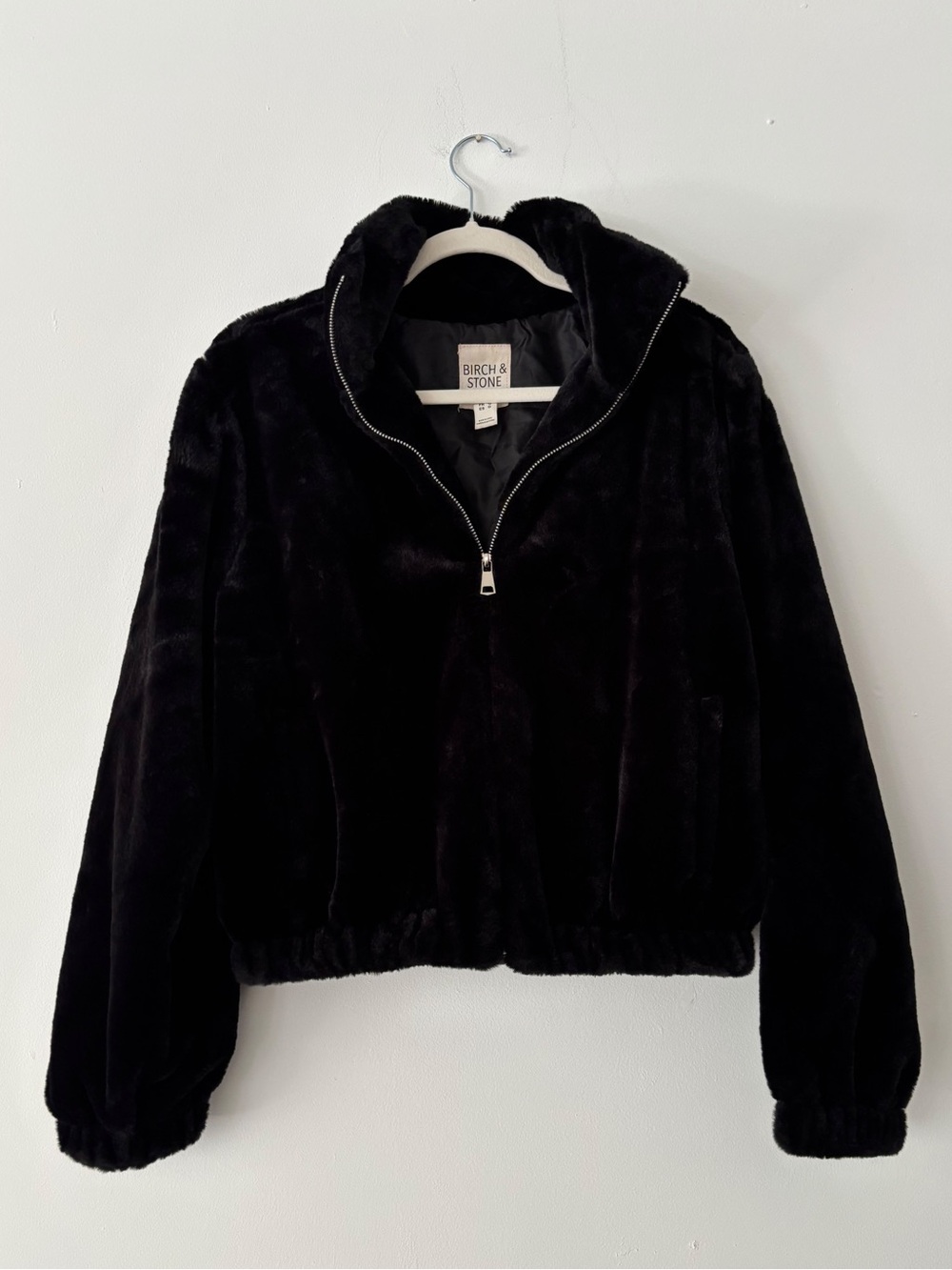 Birch & Stone Womens Faux Fur Bomber Jacket L Black Full Zip Cropped Lined